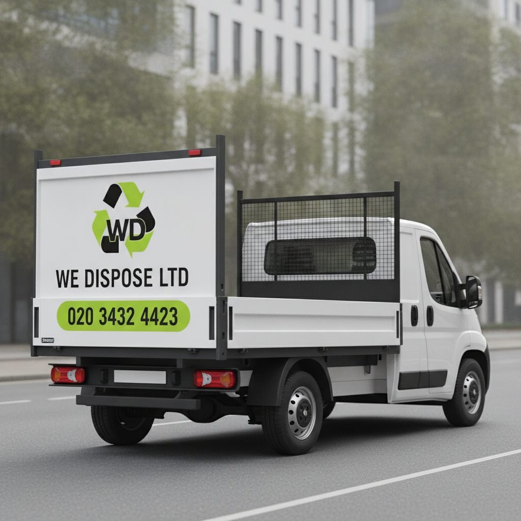 We Dispose Ltd branded waste removal van, rear cage view, call 020 3432 4423